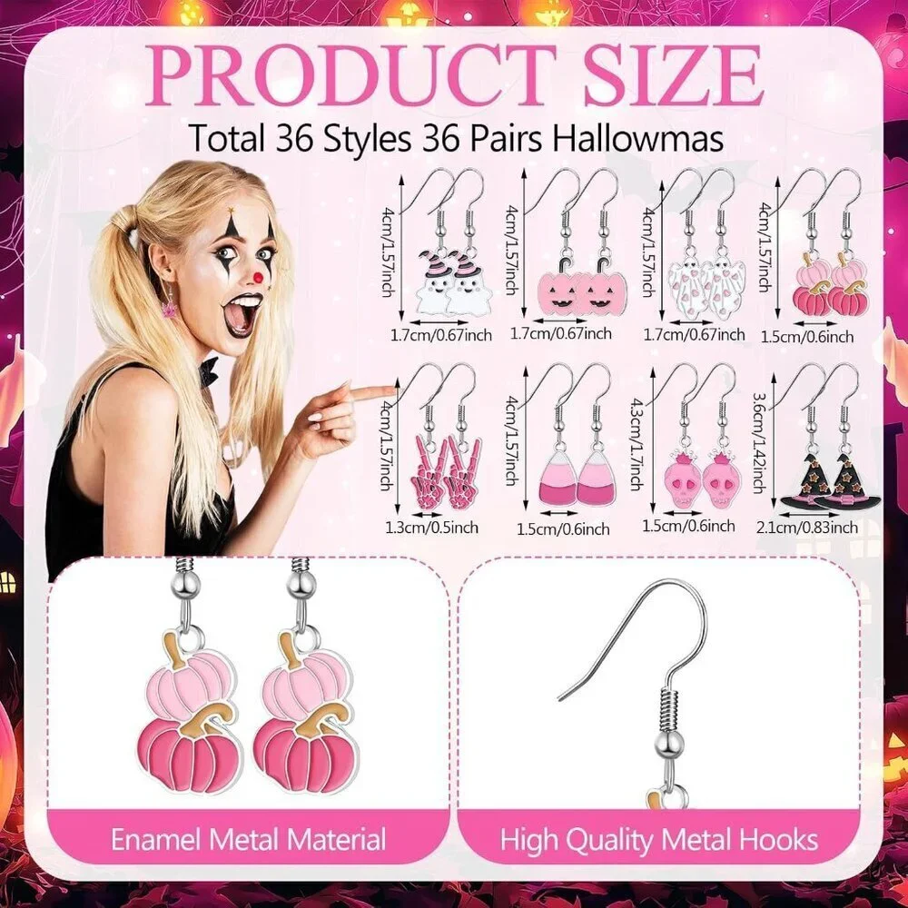 Pink Halloween Earrings Bulk 36 Pairs Dangle Studs for Women Party Holiday Gift